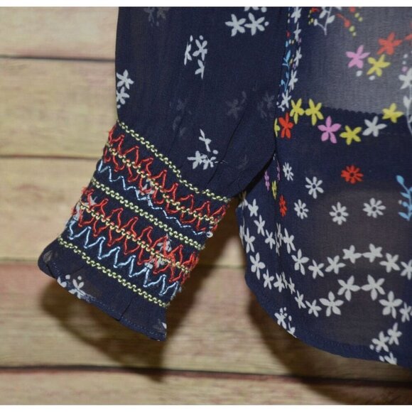 Cabi Sheer Blue Floral Long Sleeve Blouse Top Size S Tie Tassel Neckline Career - Picture 8 of 11